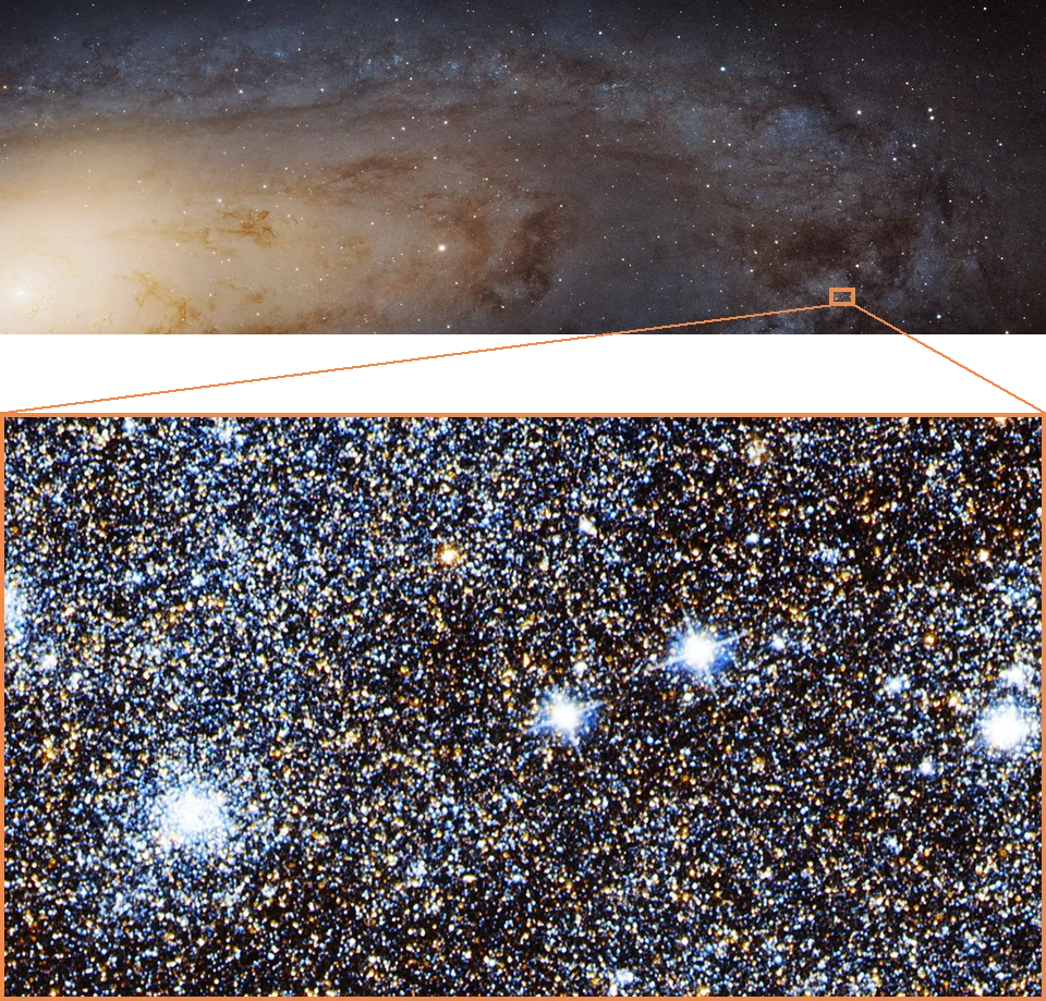 Above, Hubble's panorama of Andromeda, with an orange box marking a small region in its disc. Below, that region enlarged, densely filled with individual stars.